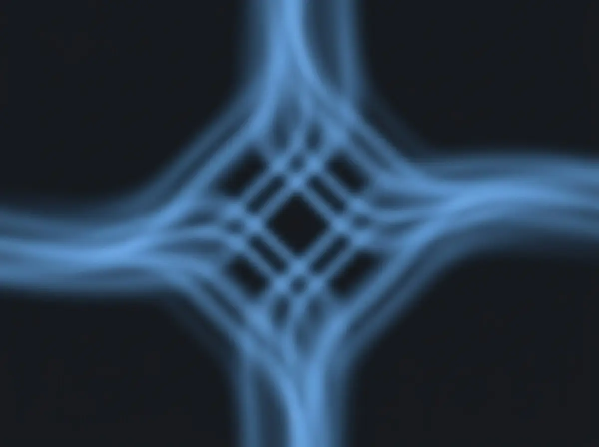 Abstract network of blue light streams converging in order