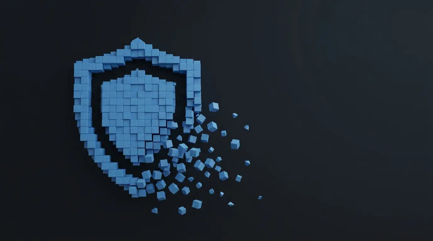 Abstract illustration of a pixel shield dissolving into anonymous particles